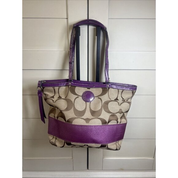 Coach Handbags - Project Bag-Coach Signature Stripe Tote Plum And Tan Bag #19046